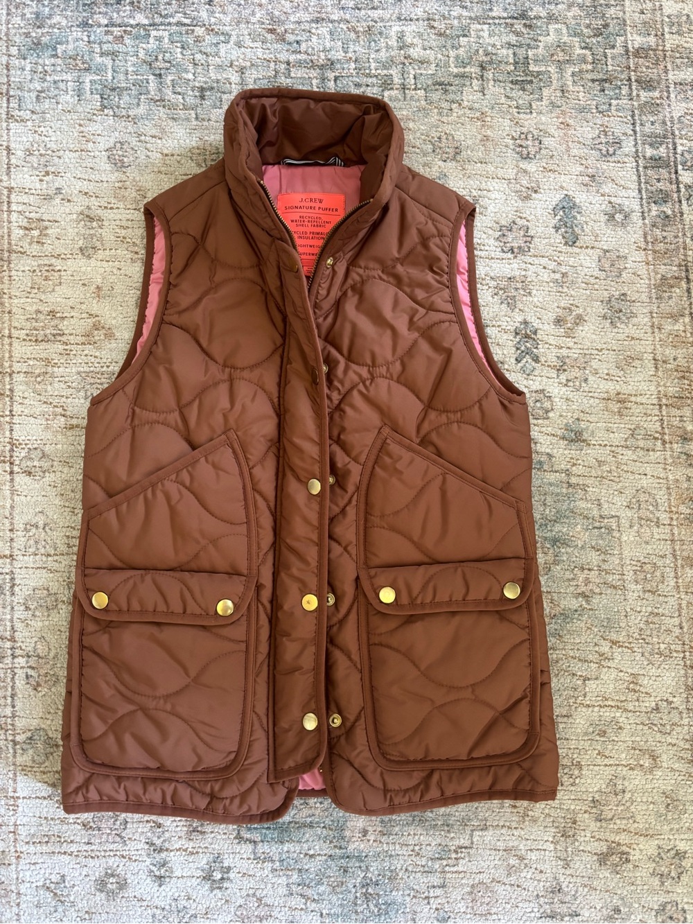 J. Crew Tan/ Brown Quilted Puffer Vest with Pink Interior XXS